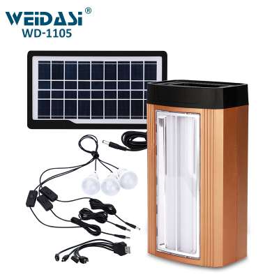 small camper solar lighting system with a solar panel and three bulb for house electricity